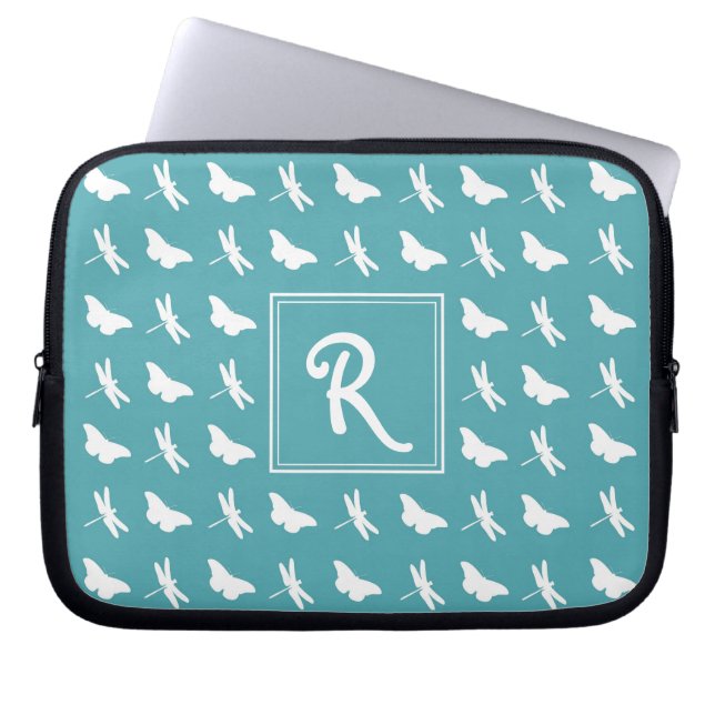 Housse Pour Ordinateur Portable Papillon sarcelle et motif monogramme libellule (Devant)