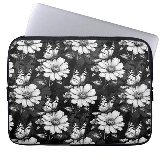Housse Pour Ordinateur Portable Papillon sur Motif à fleurs - Noir (Devant)
