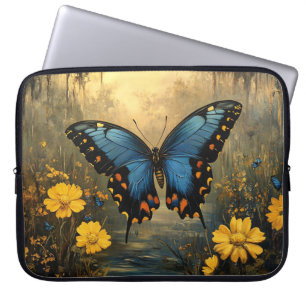 Housse Pour Ordinateur Portable Papillon vintage et fleurs jaunes peinture