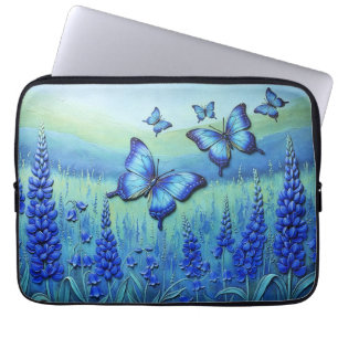 Housse Pour Ordinateur Portable Papillons bleus avec des fleurs bleues,