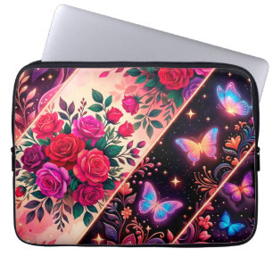 Housse Pour Ordinateur Portable Papillons, rêves floraux et élégance dorée