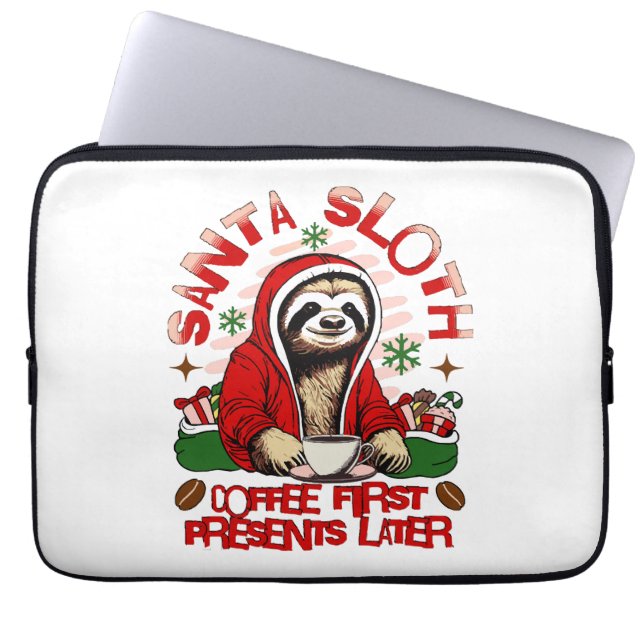 Housse Pour Ordinateur Portable Paresseux de Noël buvant du café  (Devant)