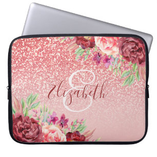 Housse Pour Ordinateur Portable Parties scintillant d'or Rose floral de Bourgogne 