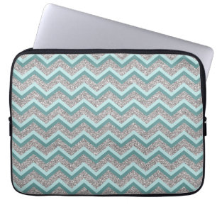 Housse Pour Ordinateur Portable Parties scintillant en argent et ZigZag Turquoise