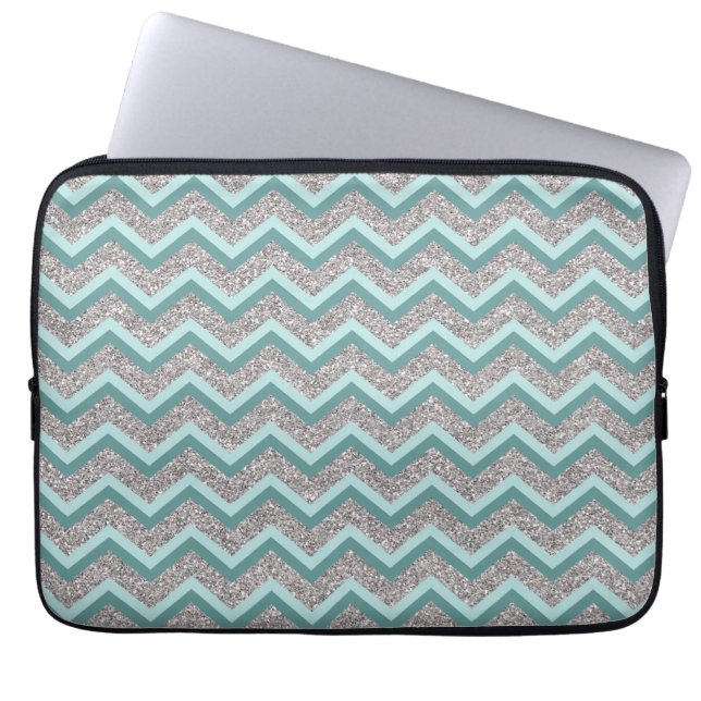 Housse Pour Ordinateur Portable Parties scintillant en argent et ZigZag Turquoise (Devant)
