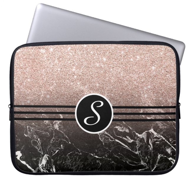 Housse Pour Ordinateur Portable Parties scintillant monogramme et marbre (Devant)