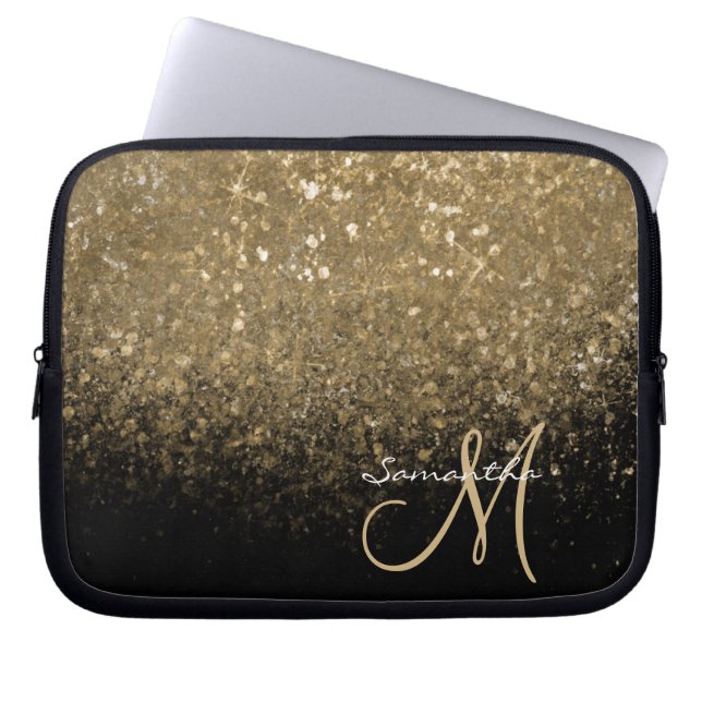 Housse Pour Ordinateur Portable Parties scintillant Or Chic et Monogramme Noir (Devant)