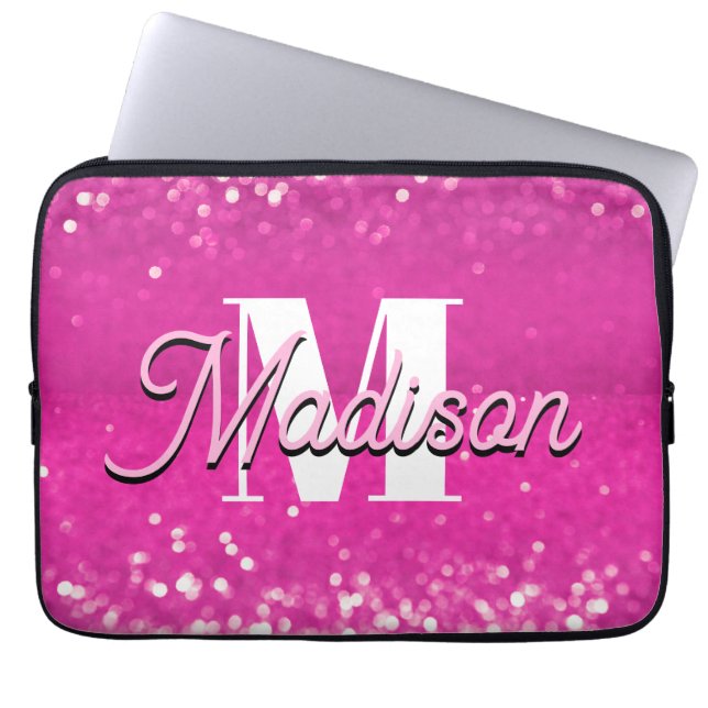 Housse Pour Ordinateur Portable Parties scintillant rose chaud Bokeh Monogramme (Devant)