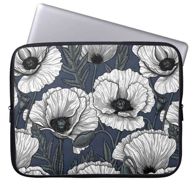 Housse Pour Ordinateur Portable Pavot blanc sur la marine (Devant)