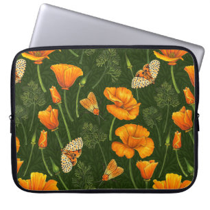 Housse Pour Ordinateur Portable Pavot de Californie et papillons de nuit sur blanc