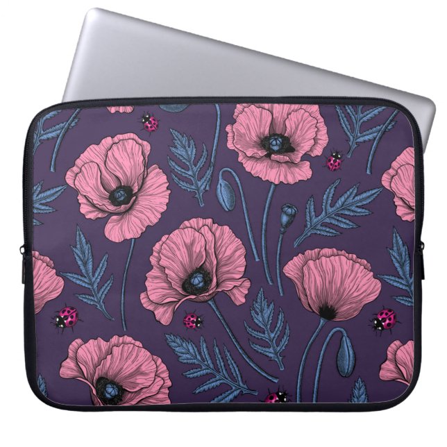 Housse Pour Ordinateur Portable Pavot rose sur violet foncé (Devant)
