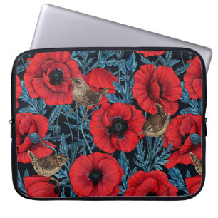 Housse Pour Ordinateur Portable Pavot rouge et brunes, feuilles bleus sur noir