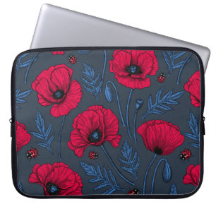 Housse Pour Ordinateur Portable Pavot rouge et coccinelle bleu foncé