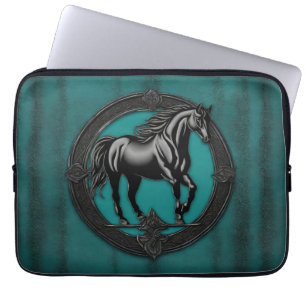 Housse Pour Ordinateur Portable Pays de l'Ouest équestre Turquoise Cheval noir