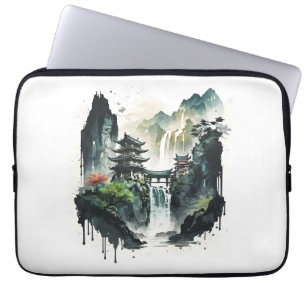 Housse Pour Ordinateur Portable Paysage antique de l'encre chinoise avec cascade