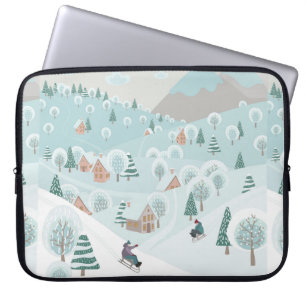 Housse Pour Ordinateur Portable Paysage hivernal avec neige, arbres et enfants
