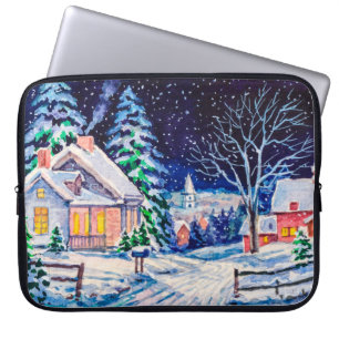 Housse Pour Ordinateur Portable Paysage hivernal enneigé. Maison de campagne. Noël