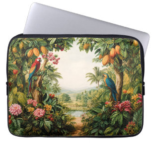 Housse Pour Ordinateur Portable Paysage Tropical Cacao Perroquets Fleur Aquarelle