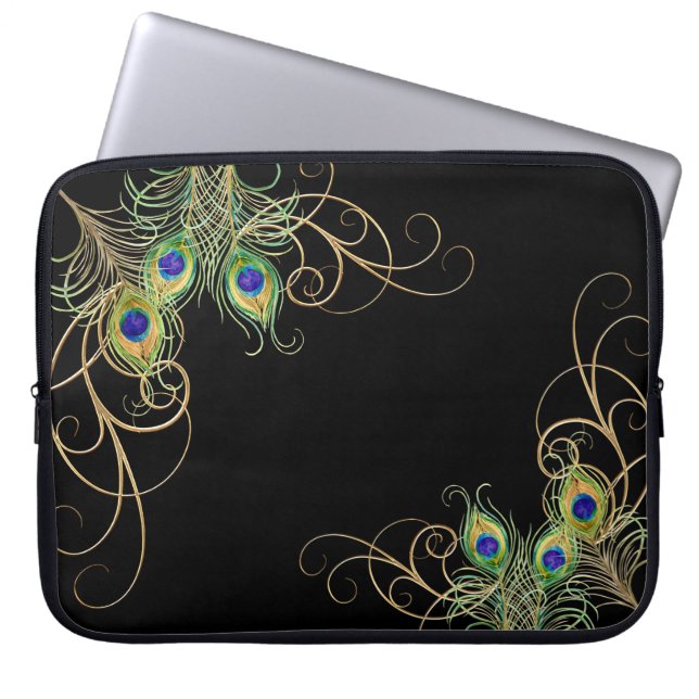 Housse Pour Ordinateur Portable Peacock moderne plumes Gold Swirl Nom (Devant)