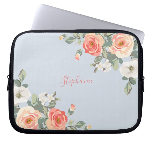 Housse Pour Ordinateur Portable Pêche Rose Dusty Blue Floral Personnalisé (Devant)
