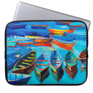Housse Pour Ordinateur Portable peinture à l'huile de bateaux et mer sur toile. Co