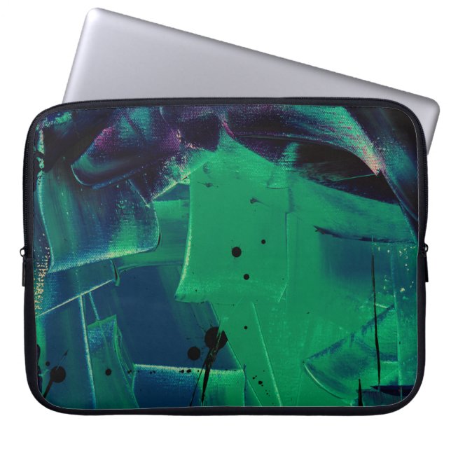 HOUSSE POUR ORDINATEUR PORTABLE PEINTURE ABSTRAITE VERTE ET BLEUE (Devant)