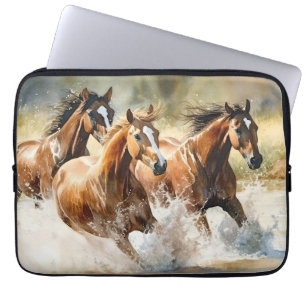 Housse Pour Ordinateur Portable Peinture aquarelle de 3 chevaux sauvages dans un r