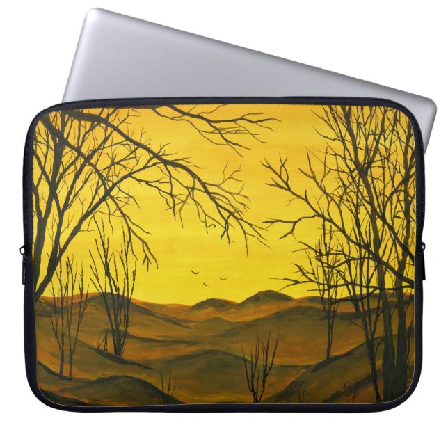 Housse Pour Ordinateur Portable Peinture gouache : ciel jaune, marron. (Devant)