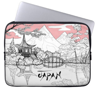 Housse Pour Ordinateur Portable Peinture linéaire du lac de montagne du temple jap