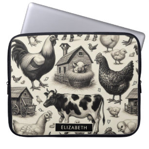 Housse Pour Ordinateur Portable Peinture vintage d'animaux de ferme