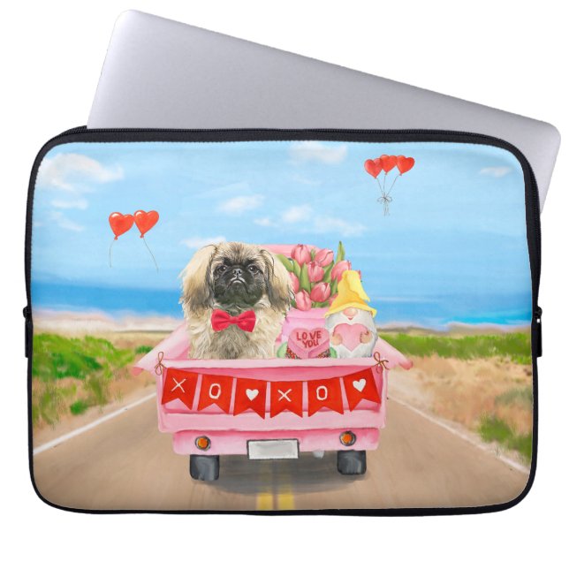 Housse Pour Ordinateur Portable Pekingese Chien Saint Valentin Coeurs de Camion (Devant)