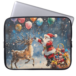 Housse Pour Ordinateur Portable Père Noël aquarelle festive Renne Ballon coloré