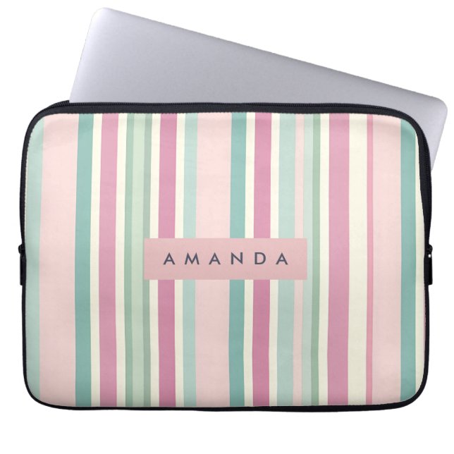 Housse Pour Ordinateur Portable Personalized Blush Mint Pastel Stripes (Devant)