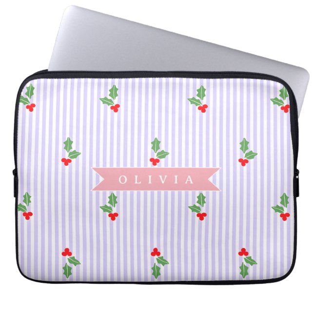 Housse Pour Ordinateur Portable Personalized Cute Striped Holiday Christmas Holly  (Devant)