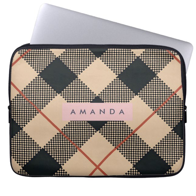Housse Pour Ordinateur Portable Personalized Modern Tan & Black Checkered (Devant)