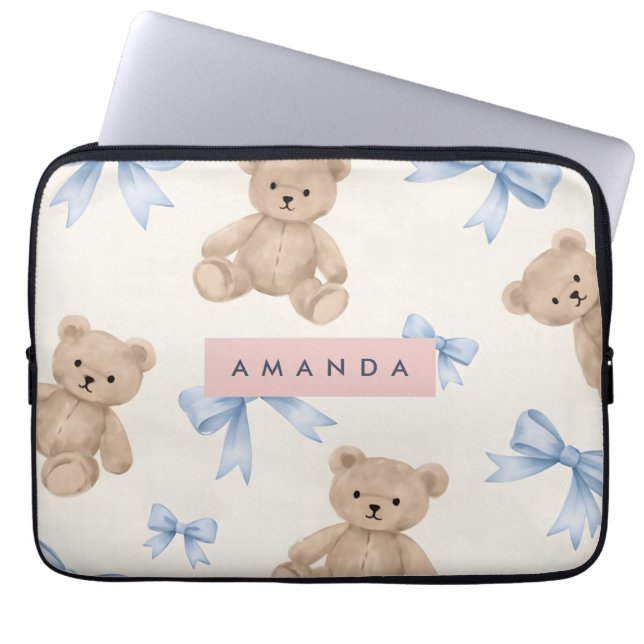 Housse Pour Ordinateur Portable Personalized Teddy Bear & Blue Bow Pattern (Devant)