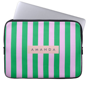 Housse Pour Ordinateur Portable Personnalisé Frais Vert et Rose Rayé Rétro