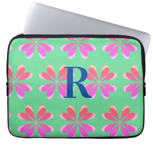 Housse Pour Ordinateur Portable Personnalisé Monogramme rétro vert floral rose