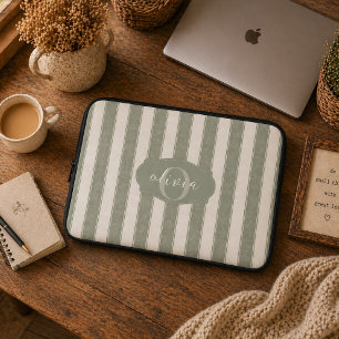 Housse Pour Ordinateur Portable Personnalisé Rustique Vert Sauge Rayé