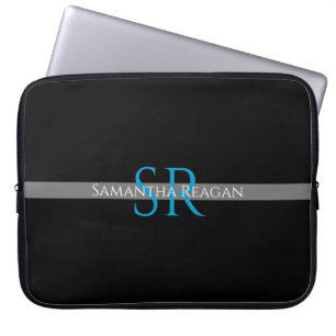 Housse Pour Ordinateur Portable Personnaliser le nom et le monogramme Bleu/Gris Bl