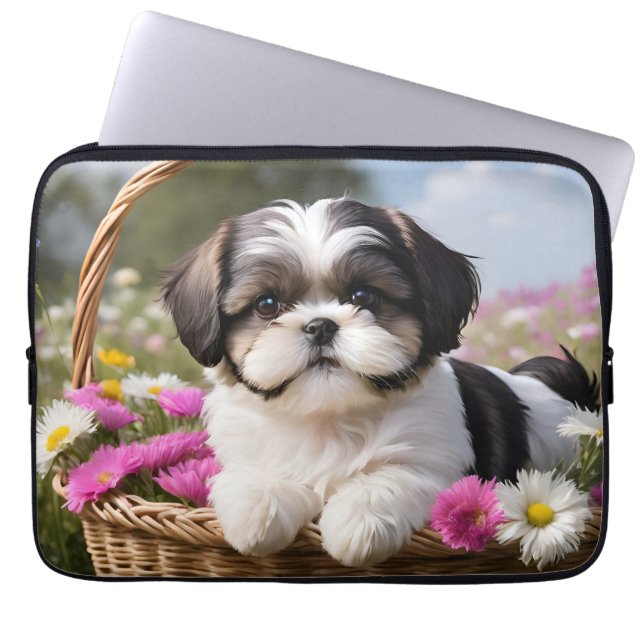 Housse Pour Ordinateur Portable Petite Tzu Chiot Panier Fleurs (Devant)
