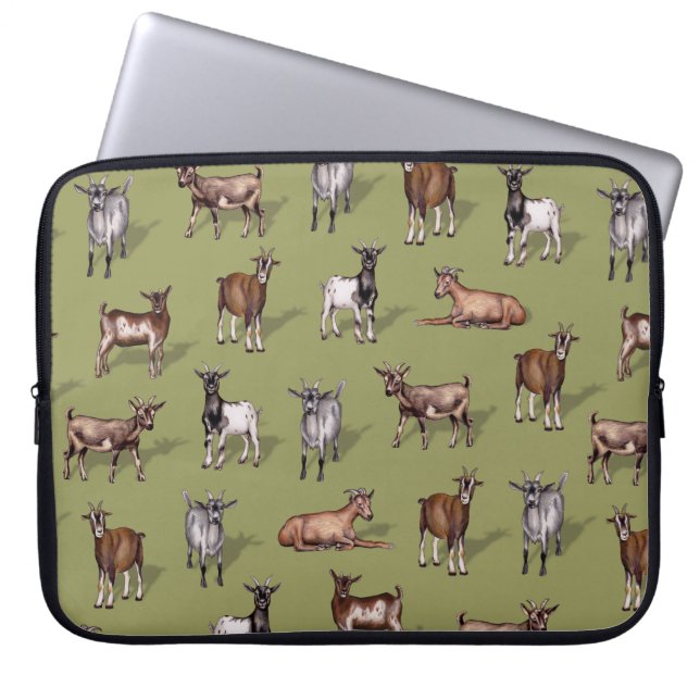 Housse Pour Ordinateur Portable Petites chèvres en vert - Motif de troupeau de chè (Devant)