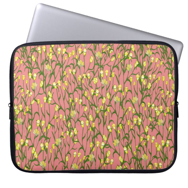 Housse Pour Ordinateur Portable Petites fleurs et branches jaunes sur fond rose (Devant)