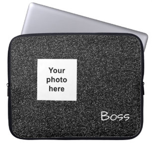 Housse Pour Ordinateur Portable Photo personnalisée et texte gris faux paillettes