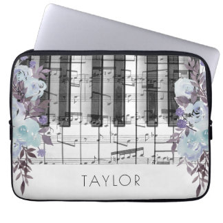 Housse Pour Ordinateur Portable Piano bleu fleurs nom personnalisé