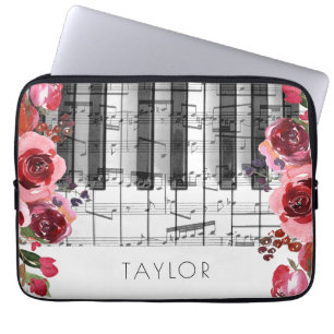 Housse Pour Ordinateur Portable Piano marsala rouge fleurs roses
