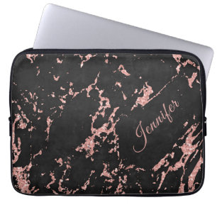 Housse Pour Ordinateur Portable Pierre en marbre noir Rose or avec votre nom
