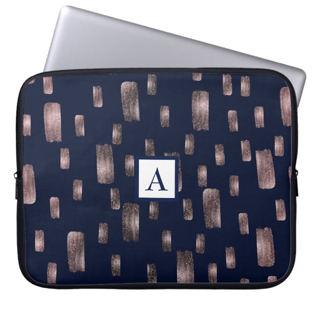 Housse Pour Ordinateur Portable Pinceau Moderne Rose Gold & Bleu Nuit Pailleté (Devant)