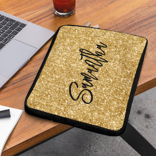 Housse Pour Ordinateur Portable Pinceau noir paillettes dorées Script