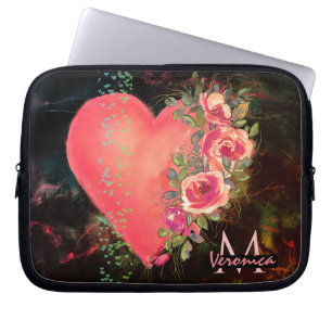 Housse Pour Ordinateur Portable Pink Heart floral Monogramme poche ordinateur port